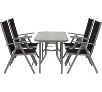 DEGAMO Ravenna 5 krēslu komplekts, 4 x alumīnija saliekamie krēsli, regulējami, melni, 1x stikla galds 70 x 120 cm, āra apgaismojums