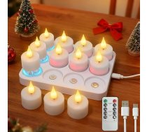 ZAIYW Pack of 12 Rechargeable Tea Lights with Remote Control Timer and Charging Station, Electric Flickering Effect LED Candles for Table Room Halloween Christmas Room Decoration (Warm White) (Silti balta)