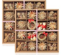 com-four® 112 gabaliņu salmu zvaigžņu komplekts - zvaigznes, zvaniņi, egles un tradicionālās figūras kā Ziemassvētku eglītes rotājums - nelieli salmu piekariņi kā Ziemassvētku eglītes rotājumi - dabīga Ziemassvētku eglīte