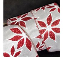 Ziemassvētku lenta ar stiepļu malu, 6,3 cm, vainags, eglīte, loks, Lielbritānijas specializētais mazumtirgotājs, vairāk nekā 30 dizaini (sarkana, mirdzoša puansetija uz balta satīna, 5 m).