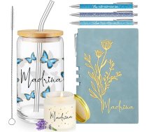 Skylety Madrina Madrina dāvanu komplekts, Mātes dienas dāvana krustmātei, Madrina Butterfly 16 oz aromātiskās sveces stikls A6 dienasgrāmata Lodīšu pildspalva Spāņu krustmāte kāzu baznīca (zila) 6