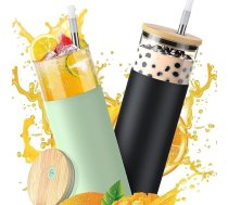 URMAGIC Stikla krūzes ar bambusa vāku un salmiņiem, 2 iepakojuma 600 ml stikla krūzes ar silikona uzmavu, skārdenes formas dzeramās glāzes, stikla ūdens pudele ar birstēm, ledus kafijas krūze, smūtijs kauss, alus glāzes