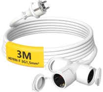 Āra pagarinātājs 3 m ar 3 Schuko ligzdām, gumijas pagarinātājs 3500 W ar aizsargvāciņu izmantošanai ārpus telpām IP44, strāvas kabelis H05RR-F 3G 1,5 mm² ar 3 virzienu sadalītāju, 16 A/250 V, balts