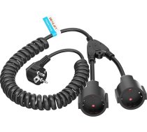 Pagarināšanas kabelis, spirālveida kabelis, 1 līdz 2 aizsargkontaktu spirālveida kabelis, stiepjams no 5 m, pagarināšanas kabelis ar 2 ligzdām, spirālveida kabelis 5 m (250 V/16 A, melns)