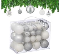 Relaxdays Ziemassvētku bumbiņu komplekts, 50 gab., Ziemassvētku rotājumi, matēts, spīdīgs, ar mirdzumu, eglīšu bumbiņu diametrs 3, 4 un 6 cm, sudraba/balts