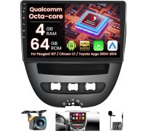 Roinvou Android 15 Qualcomm 8 Core 4+64G auto radio Peugeot 107/Citroen C1/Toyota Aygo 2004-2014, 10 collu skārienjūtīgais ekrāns Radio CarPlay Android Auto BT WiFi WiFi GPS FM/RDS DSP 3D auto modelis Vitrīna SWC