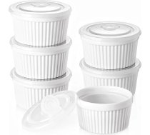 DOWAN Creme Brulee trauku komplekts ar vāku, 6 x 235 ml, nesadalās suflē veidnes, drošas krāsnī, porcelāna trauciņi ragu, garšīgiem garšvielām, smalkmaizītēm, trauku mazgājamā mašīnā, diametrs 10 cm, balts