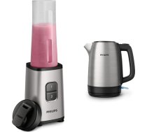 Philips To-Go Mini blenderis HR2600/80 (350 W, 28 000 apgr./min, 0,7 l ietilpība, pudele dzeršanai, var mazgāt trauku mazgājamā mašīnā), sudraba krāsā un tējkanna HD9350/90, nerūsējošais tērauds, 1,7 litri, melns