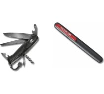 Victorinox, Kabatas nazis, Ranger 55 Onyx Black, 130 mm, melns (13 funkcijas, bloķējams asmens, skārdeņu atvērējs, skrūvgriezis 3 mm) un dubultais nažu asināmais, asina taisnus nažus, melns/arkans