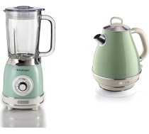 Ariete 583 Vintage, Retrò, 1000 W blenderis ar 1,5 litru stikla trauku, zaļš & 2869 Vintage, nerūsējošā tērauda elektriskā tējkanna, 1,7 litra, ūdenim, 2000 W, pasteļbēša, pasteļbēša