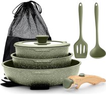 DishDelight Indukcijas plīts komplekts ar noņemamiem rokturiem, katlu un pannu komplekti, 8 gab. kastroļu komplekts ar vāciņu, granīta trauki, nesadalāms katls, panna, panna cepšanai