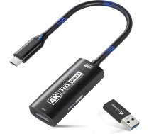 Guermok 4K USB 3.0 video uztveršanas karte ar PD 100W, 4K @ 60FPS vai 2K @144FPS HDMI uz USB-A/C uztveršanas karte straumēšanai, darbojas ar planšetdatoru, planšetdatoru, MacOS, Switch2/1, klēpjdatoru, datoru, kameru, VR, melna