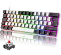 ZIYOU LANG T61 Portatīvā 60% spēļu mehāniskā tastatūra ar sarkanu slēdzi, 19 Rainbow Light Up tastatūra, UK izkārtojums, USB-C kabelis, mini kompakts, 62 taustiņi, Anti-Ghosting, PC, Mac, PS4, Xbox, balta un melna krāsa
