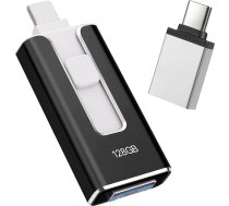 USB zibatmiņas zibatmiņas karte iPhone 128GB, [MFi Certified] 4-in-1 USB zibatmiņas karte iPhone, saderīga ar iOS/Android/PC, USB 3.0, bez lietotnes】Fotoattēlu un video dublēšanai, melna