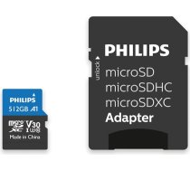 Philips Ultra Pro microSDXC karte 512 GB + SD adapteris UHS-I U3, nolasīšanas ātrums līdz 100 MB/s, A1 ātrdarbība, V30, atmiņas karte viedtālruņiem, planšetdatoriem, datoriem, karšu lasītājs, 4K UHD video