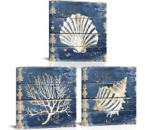 xiysien Piekrastes sienas māksla Kaija Čaula Pudele Pludmales attēli Sienas dekori Jūras ainavas mākslas darbi guļamistabai un vannas istabai 12 x 12 x 12 collas, 3 gabali (tumši zils)