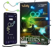 Twinkly Strings USB-C Star 200 LED, zvaigžņveida LED gaismas virtene, RGB LED gaismas, daudzkrāsaina, gaismas Valentīna dienai, saderīga ar Alexa un Google Home, USB-C, zaļš kabelis, 12 m