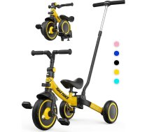 besrey 5 in 1 tricikls maziem bērniem ar stūres slīdni 1–5 gadu vecumam, salokāmi līdzsvara velosipēdi, velosipēds maziem bērniem ar riteņu sajūgu, lielāki riteņi, noņemami pedāļi, augstumā regulējams sēdeklis, dzeltenā krāsā