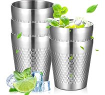 Nerūsējošā tērauda krūzes, 5 gab. komplekts Nerūsējošā tērauda krūzes, 300 ml, saliekamas metāla krūzes, dubultās sienas izolētas krūzes ar āmura rakstu, aizsardzība pret apdegumiem alus, sulas un ūdens dzeršanai