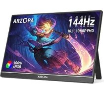 ARZOPA Z1FC 16,1 collu 144 Hz portatīvais monitors ar vienu statīvu, 100% sRGB 1920 x 1080P FHD HDR 144HZ spēļu monitors, īpaši plāns acu aizsardzības ārējais otrais ekrāns portatīvajam datoram/PC/Mac/PS3/4/5/Xbox