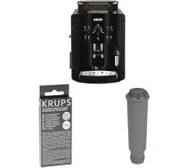 Pilnībā automātiskā kafijas automāta KRUPS Arabica Picto komplekts EA8108: ietver piena putu sprauslu un 2 tasīšu funkciju ar tīrīšanas tabletēm XS3000 un Claris ūdens filtra kasetni F0880, melns