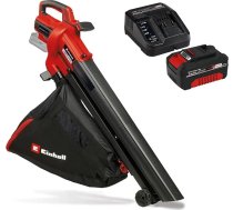 Einhell Venturo 18/210 Power X-Change bezvadu lapu putekļu sūcējs (18 V, sūkšanas jauda 500 m³/h, savākšanas maiss 45 L, pūšanas funkcija līdz 210 km/h, komplektā ietilpst 4 Ah akumulators un lādētājs), melns, sarkans