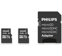 Philips Ultra Speed Micro SDHC karte 2 x 32 GB + SD adapteris UHS-I U1, nolasīšanas ātrums līdz 80 MB/s, A1 ātrdarbība, V10, atmiņas karte viedtālruņiem, planšetdatoriem, datoriem, karšu lasītājs, Full HD video