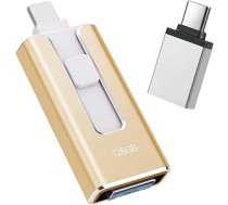 USB zibatmiņas karte iPhone 128GB, [MFi Certified] 4-in-1 USB zibatmiņas karte, karte iPhone, saderīga ar iOS/Android/PC, USB 3.0, bez lietojumprogrammas】Fotoattēlu un video dublēšanai, zelta krāsā