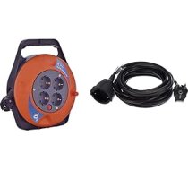 EMOS P19510 Mini kabeļu rullis 10 m / četrvirzienu kabeļu kaste / kabeļu rullis iekštelpām, 2300 W, 230 V un REV 0016050514 pagarinājums, pagarinātājs ar leņķveida kontaktdakšu 5 m, 3680 W, melns