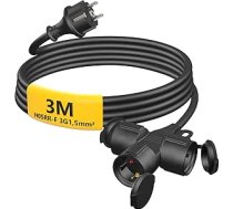 Āra pagarinātājs 3 m ar 3 Schuko ligzdām, gumijas pagarinātājs 3500 W ar aizsargvāciņu izmantošanai ārpus telpām IP44, barošanas kabelis H05RR-F 3G 1,5 mm² ar 3 virzienu sadalītāju, 16 A/250 V, melns