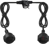 Dubultligzdas pagarinātājs, 2 kontaktdakšas, PVC kabelis ar elastīgu kabeli H05VV-F 3G, katrs 2 m no abām pusēm 250V 16A maksimums 3680W IP20 melns