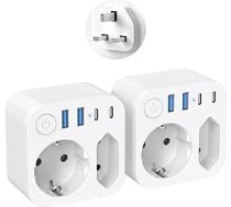 2 iepakojuma AK ceļojuma adapteris Anglija Vācija kontaktdakša, ceļojuma kontaktdakša G tipa kontaktligzda ar 4 USB (2 C tipa) ceļojuma adapteri ar slēdzi Īrijai, Lielbritānijai (no ES uz AK)