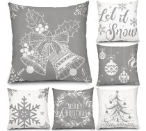 Tatuo Pack of 6 Ziemassvētku spilvenu pārvalki Svētku spilvenu pārvalki Dekoratīvie spilvenu pārvalki dīvāna dīvānam birojam guļamistabas dekorēšanai (sudraba un pelēks stils, 16 x 16 collas)