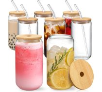 [8 gab. komplekts] Tumbleri ar bambusa vāku un stikla salmiņu - 16oz kannas formas stikla krūzes, alus glāzes, ledus kafijas glāzes, simpātisks tumblers, viskija dāvana - 2 tīrīšanas birstes
