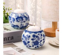 Soaoo 2 porcelāna sveču turētāji, tējas gaismas turētājs, zilā un baltā krāsā, dekoratīvs chinoiserie dekors, votive sveču turētājs, tējas gaismas turētājs svētkiem, kāzām, ballītei, galda centrālais elements, 4.7 x