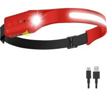 Uzlādējams LED galvas lukturis (sarkans) 400 lūmeni, 230° plats staru kūlis, USB-C, IPX4, 5 režīmi – viegls, regulējama galvas lente; cietā cepure ar klipsi, piemērota kempingam, pārgājieniem, skriešanai un remontdarbiem.