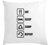 Eat Sleep Camp Repeat spilvens 40 cm x 40 cm balts