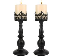Sveces turētājs stabuļu svecēm - gotikas matēts melns Vintage Tall Candle Holder komplekts no 2 dekoratīviem lieliem galda rotājumiem Sveces turētāja rotājums (melns, 2 gab., A)