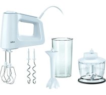 Braun MultiMix 3 HM 3135 rokas mikseris ar 5 ātruma līmeņiem un turbo funkciju, komplektā ir putukrāsnis, mīklas kulšanas āķis, biezeņa padeve, smalcinātājs un 600 ml maisīšanas un mērīšanas trauks, 500 W, balts, 500 W