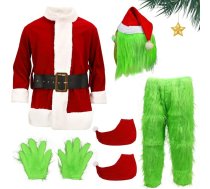 7 gabali Bērnu zaļš Ziemassvētku vecīša kostīms Kažokādas Ziemassvētku vecīša kostīms ar masku Karnevāla puse Cosplay apģērbs zēniem Meitenes Meitenes