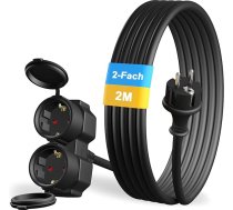 Āra pagarinātājs 2 m ar 2 Schuko rozetēm, dubultā pagarinātāja ārtelpā, IP44, 2 aizsargkontaktu rozetes, gumijas strāvas kabelis ārtelpā 3500 W, divvirzienu sadalītājs ar aizsargvāciņu