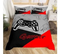 Gamer sega segu komplekts zēniem pusaudžiem spēļu gultasveļas komplekts 135 x 200 cm, videospēļu mājas dekori Gamer spēļu gultas komplekts bērniem maziem bērniem 2 gabali 1 sega ar 1 spilvendrānu melns sarkans pelēks