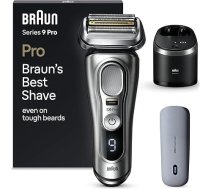 Braun Series 9 Pro Premium elektriskais skuveklis ar 4+1 skūšanās galviņu, vīriešu elektriskais skuveklis, ProLift trimmeris, PowerCase, 5-in-1 tīrīšanas stacija, ražots Vācijā, mitrs un sauss, 9497cc, sudraba krāsā