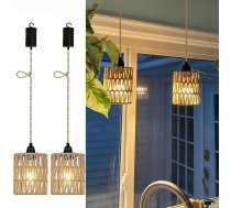 2 x Piekaramā lampa ar akumulatoru Āra akumulatora darbināmā lampa Griestu gaisma bez strāvas pieslēguma Rattan Basket Lampshade Boho kaņepju virves lampas Spuldzīte bez elektrības Ziemassvētku rotājums