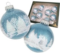 Krebs Glas Lauscha stikla Ziemassvētku rotājumi / eglīšu rotājumi – 2 x 4 eglīšu bumbiņu komplekts – motīvs: ziemas mežs ar spīdumiem – izmērs: apm. 7 cm