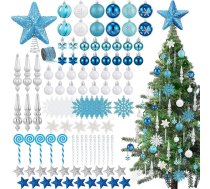 Sinmoe 104 gab. Ziemassvētku eglīšu rotājumu komplekts: Ziemassvētku bumbiņas, zilas un sudrabotas, 3–6 cm, piecstaru sniegpārslas, konfektes, ledus lāstekas, Ziemassvētku ziedi, konusa formas eglītes galotnes rotājums, zvaigzne, pērļu kakl