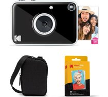 Kodak Printomatic+ tūlītējās digitālās fotokameras sākumkomplekts ar futrālīti un 20 cinka fotopapīru - 10 MP RGB LED pilnkrāsainas fotogrāfijas - melns