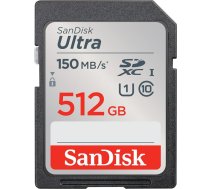 SanDisk Ultra SDXC UHS-I atmiņas karte 512 GB (sākumlīmeņa un vidējas klases kompaktkamerām, Full HD video, U1, C10, V10, lasīšanas ātrums līdz 150 MB/s)