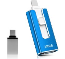 USB zibatmiņas karte 256 GB tālrunim, 4-in-1 atmiņas karte iPhone/iPad/Android/PC, USB 3.0 atmiņas karte, ātrgaitas zibatmiņas disks, ātrdarbīga foto zibatmiņas karte, fotoattēlu dublēšana, fotoattēlu video dublēšana, zils