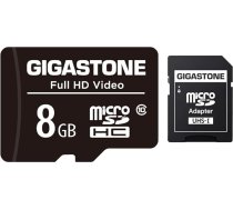 GIGASTONE 8GB MicroSDHC zibatmiņas karte + SD adapteris, paredzēta videokamerām, GoPro, droniem un planšetdatoriem, ar ātrumu līdz 85MB/s, Full HD video, Micro SD karte UHS-I Klasse 10 U1